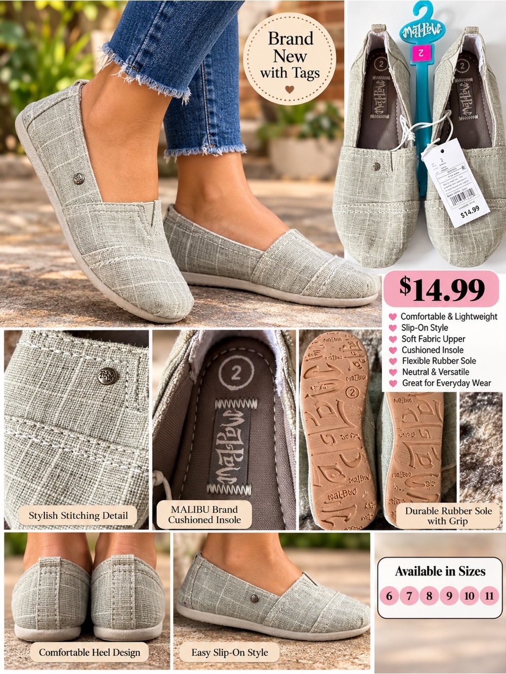 Malibu Women's Slip-On Loafers in Light Gray